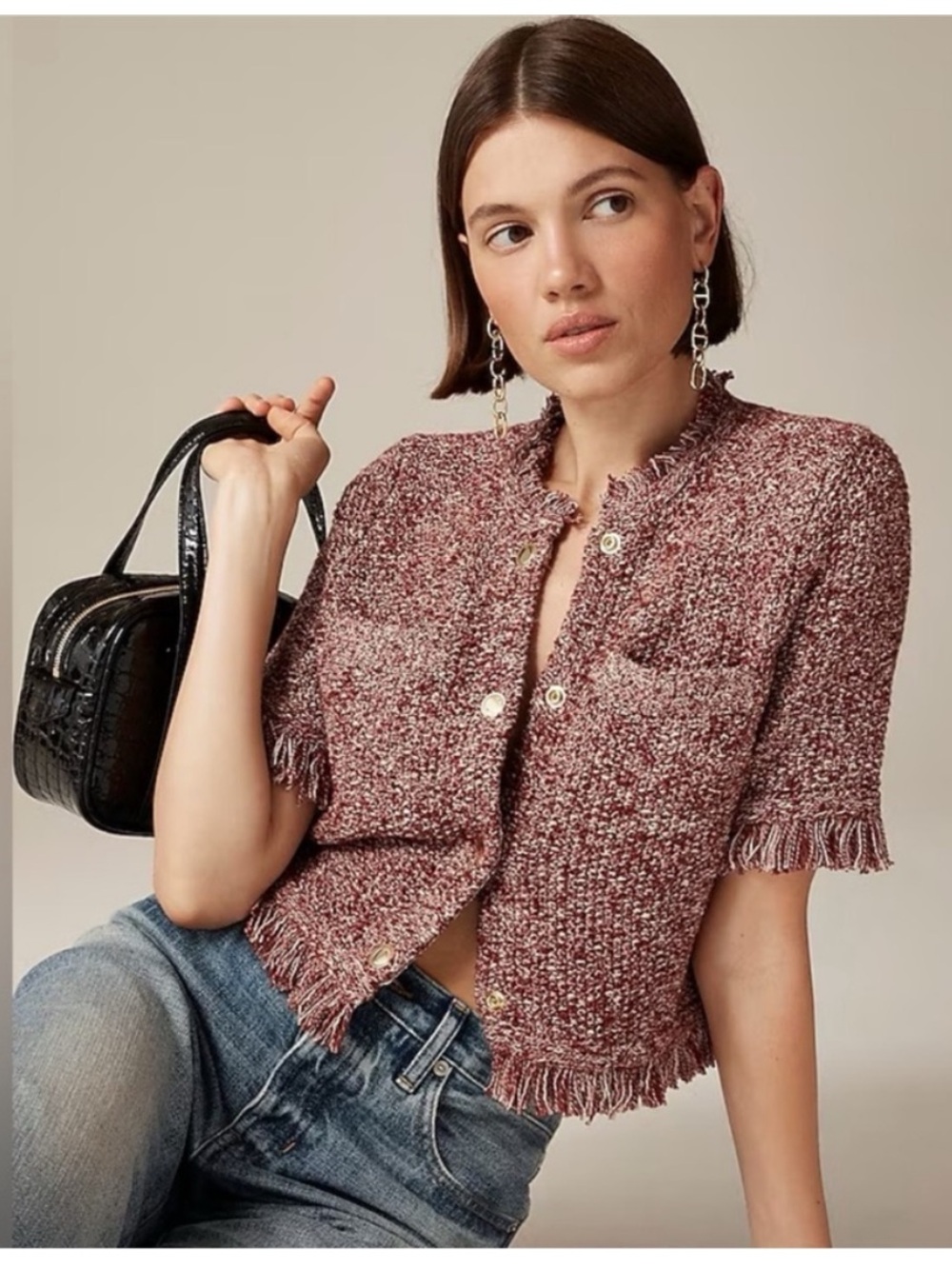 J.Crew Tweed Fringe Jacket Burgundy Jacket Size L